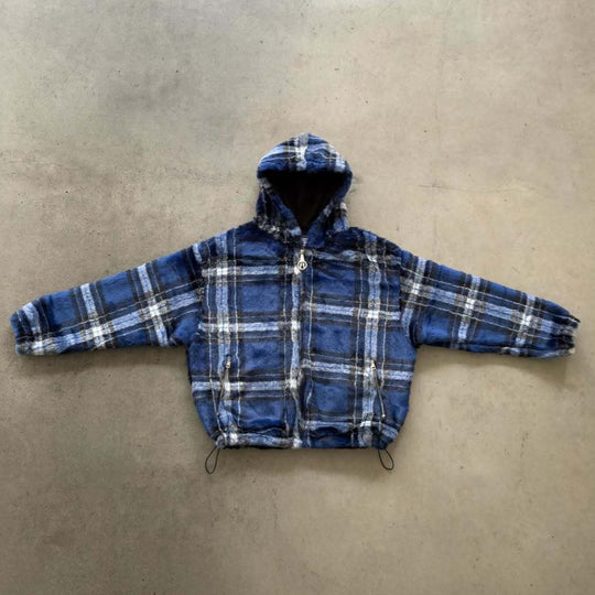 Unisex nan gefütterte Plaid-Fleece-Bomberjacke mit Kapuze Kordelzug und Reißverschlusstaschen R&B