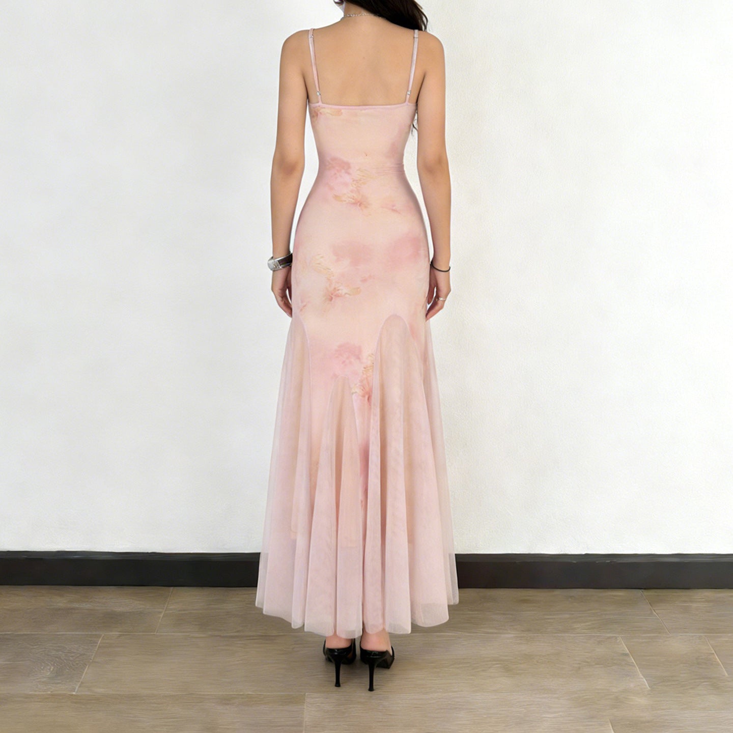 Damen elegantes Maxikleid aus transparenter Spitze und floralem Design R&B