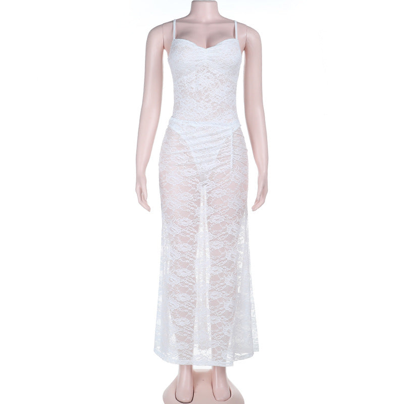 Damen sexy Spitzen Maxi-Kleid mit verstellbaren Trägern und Herzen-Ausschnitt R&B