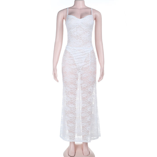 Damen sexy Spitzen Maxi-Kleid mit verstellbaren Trägern und Herzen-Ausschnitt R&B