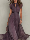 Damen nan langes Chiffon-Abendkleid mit Spitzen‑Stehkragen, Schlüsselöffnung und taillierter Schärpe R&B