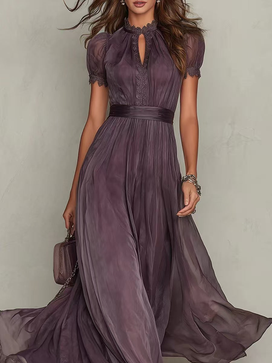 Damen nan langes Chiffon-Abendkleid mit Spitzen‑Stehkragen, Schlüsselöffnung und taillierter Schärpe R&B