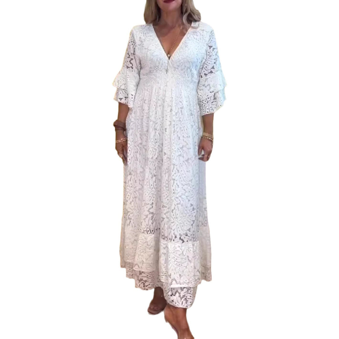 Damen nan Boho-Spitzen-Maxikleid mit V-Ausschnitt, Unterbrustnaht und gestuften Volantärmeln R&B