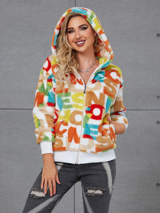 Damen Flauschige Kapuzenjacke mit buntem Muster und praktischen Taschen R&B