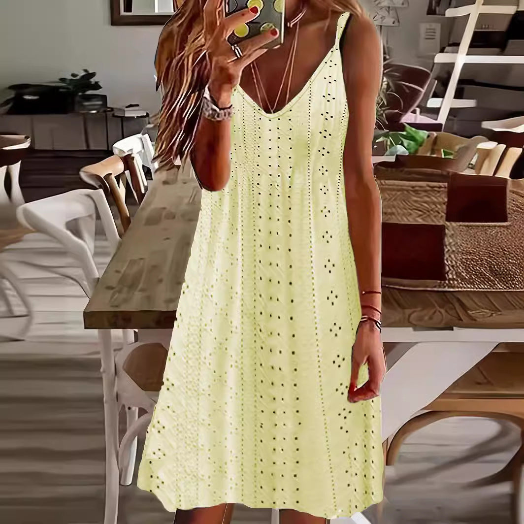 Damen Ärmelloses Sommerkleid mit dekorativem Lochmuster und V-Ausschnitt R&B