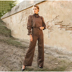Damen gestreiftes Hosenanzug-Set mit voluminösen Ärmeln und Rüschendetails R&B