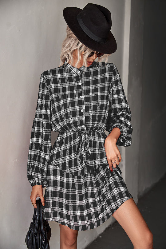 Damen Hemdblusenkleid mit verstellbarem Taillengürtel und kariertem Design R&B