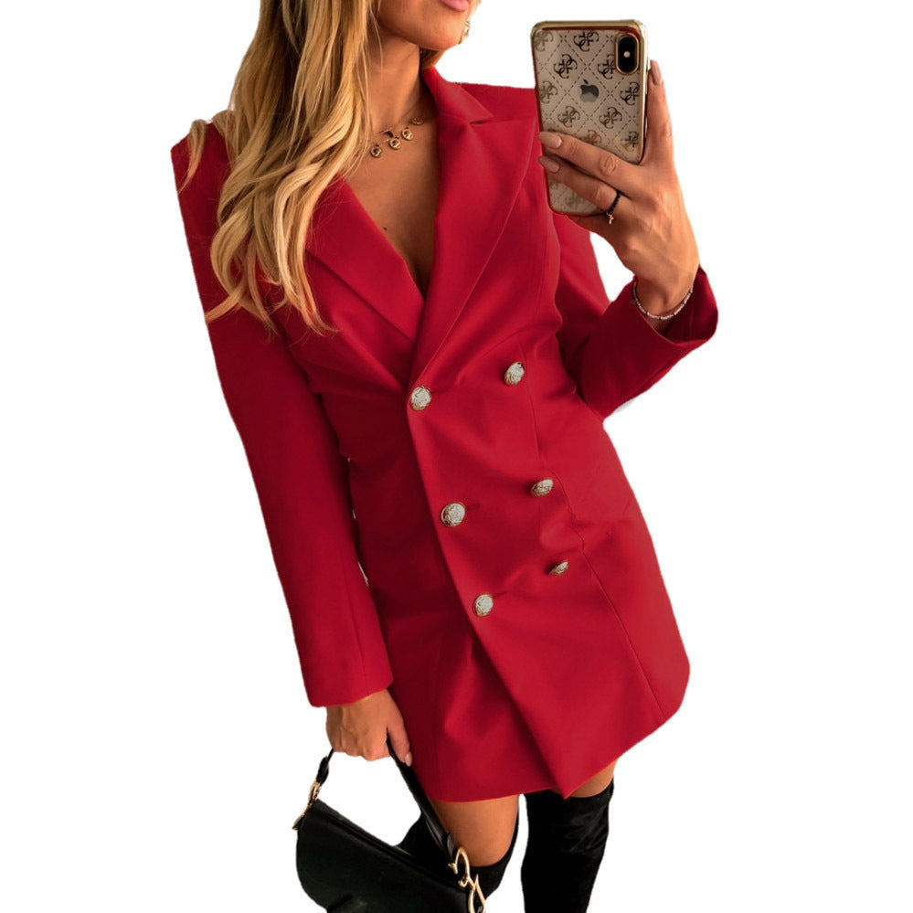 Damen Eleganter Doppelreiher-Blazer-Kleid mit Glanzknöpfen R&B