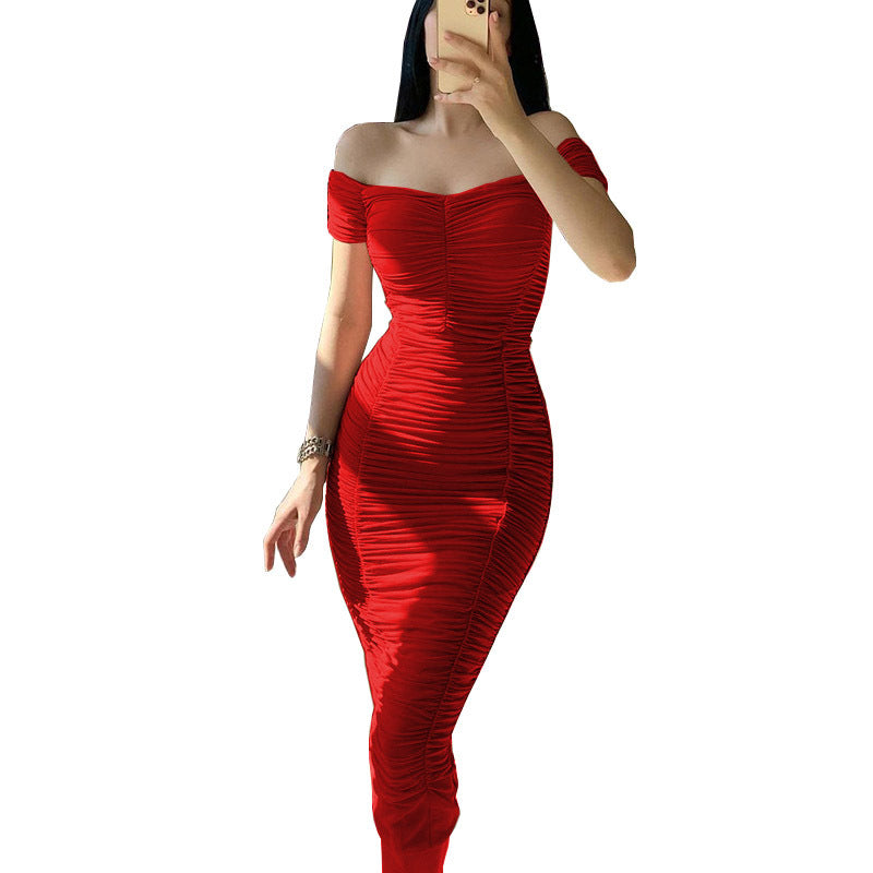 Damen figurbetontes Minikleid mit schulterfreiem Schnitt und Raffung R&B