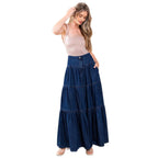 Damen Denim Maxikleid im Boho-Stil mit voluminösem Rock und Rüschen R&B