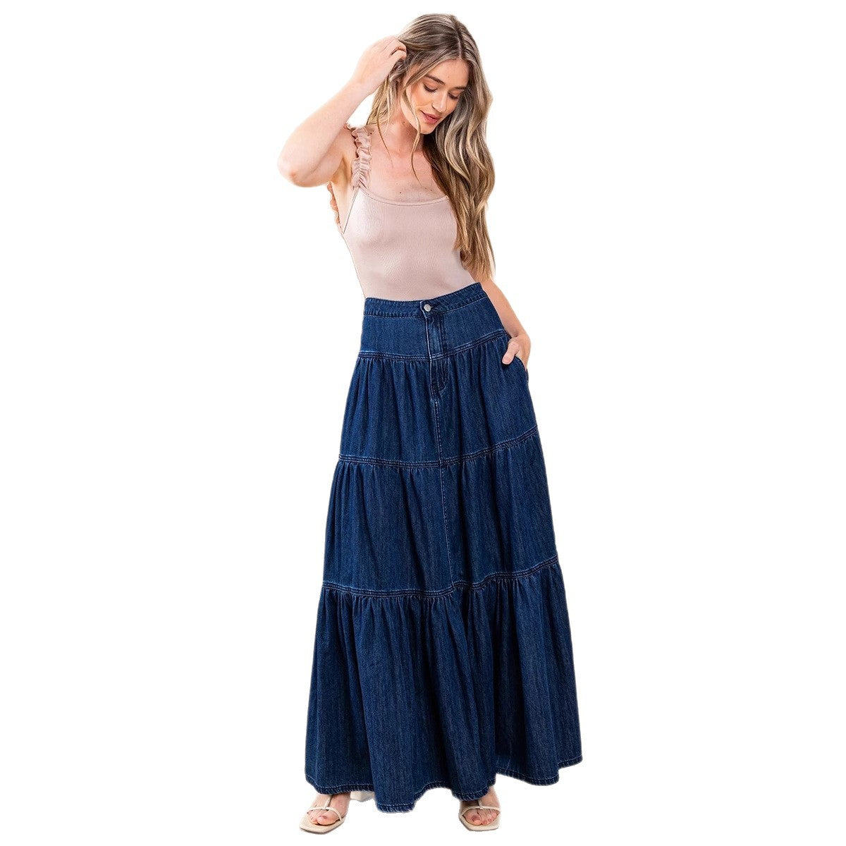 Damen Denim Maxikleid im Boho-Stil mit voluminösem Rock und Rüschen R&B