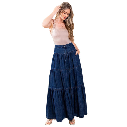 Damen Denim Maxikleid im Boho-Stil mit voluminösem Rock und Rüschen R&B
