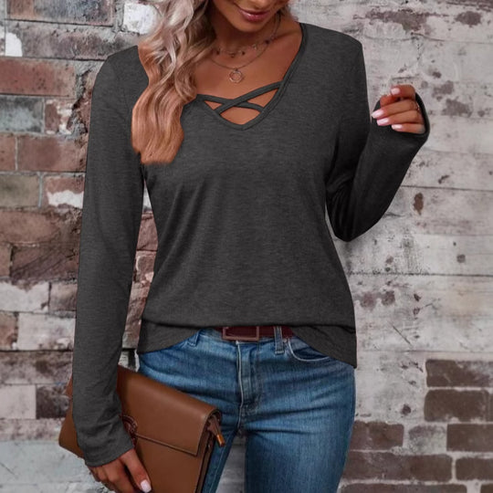 Damen langärmliges Shirt mit Kreuz-Ausschnitt R&B