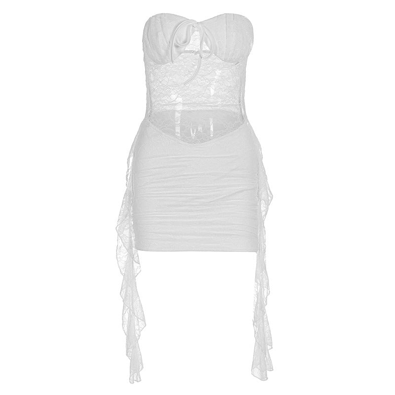 Damen sexy Minikleid mit Spitzenoberteil und verspieltem Saum R&B