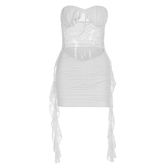 Damen sexy Minikleid mit Spitzenoberteil und verspieltem Saum R&B