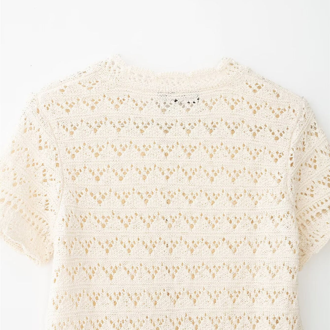 Damen feine Kurzarm-Bluse mit romantischem Spitzenmuster R&B