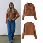 Damen modische Kurzjacke aus Wildlederimitat mit praktischen Taschen und elegantem Kragen R&B