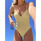 Damen Einteiler Badeanzug mit tiefem V-Ausschnitt und gepunktetem Design R&B