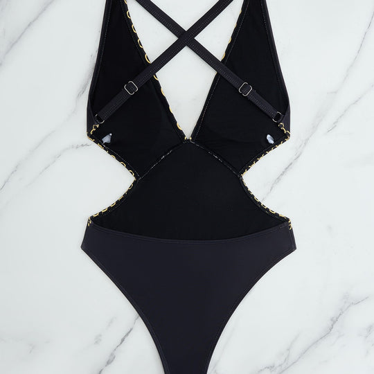 Damen Einteiler Badeanzug mit elegantem Muster und schimmernden Details R&B