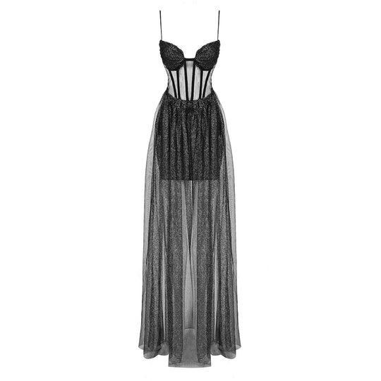 Damen glamouröses Abendkleid mit transparentem Rock und eleganten Details R&B