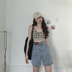 Damen Cropped Top mit Karomuster und Knopfdetail