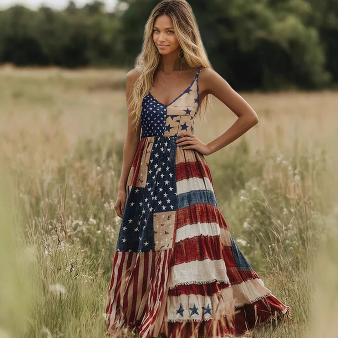 Damen Lange Sommerkleid mit buntem Patchwork-Design und V-Ausschnitt R&B