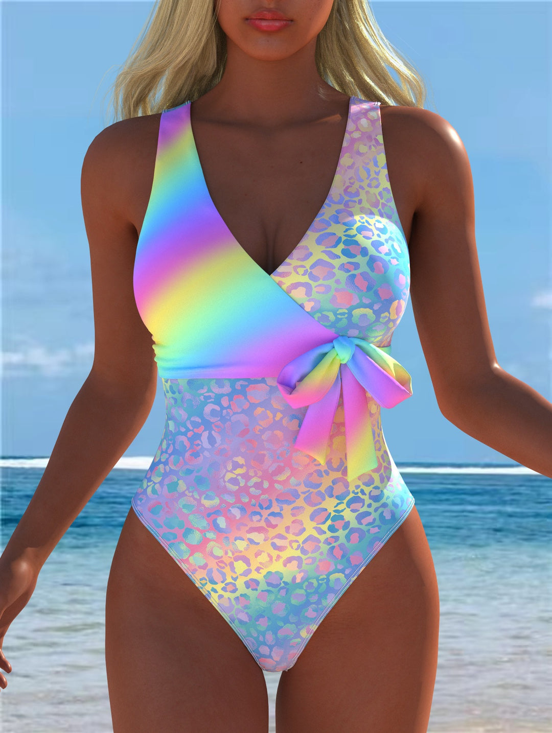 Damen Einteiliger Badeanzug mit elegantem Leoparden-Design und schimmerndem Farbverlauf R&B