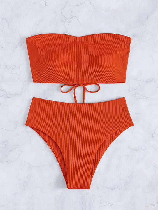 Damen Bandeau-Bikini mit hohem Bund und feinen Streifen R&B
