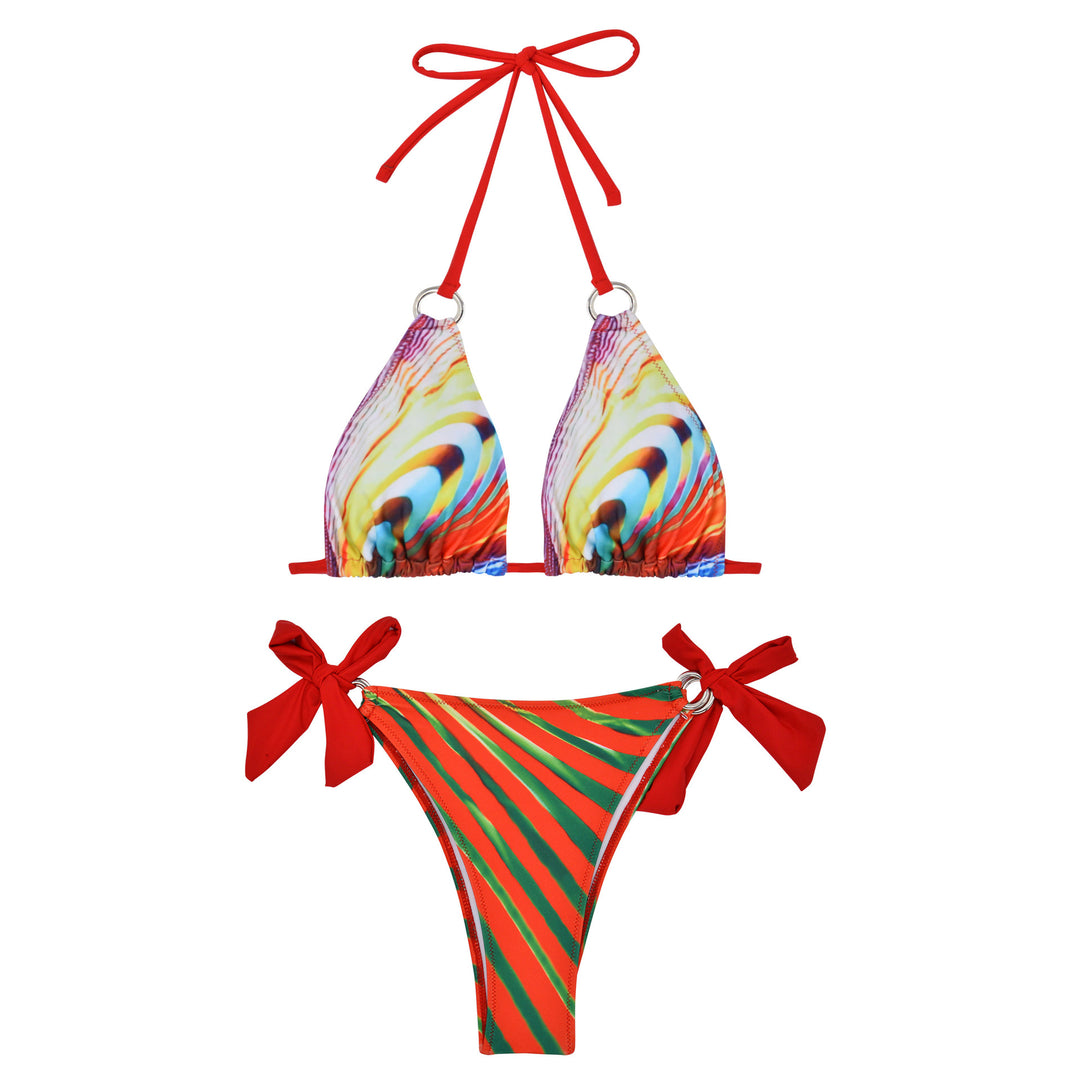 Damen Triangel-Bikini mit stylischen Schleifen und buntem Streifenmuster R&B