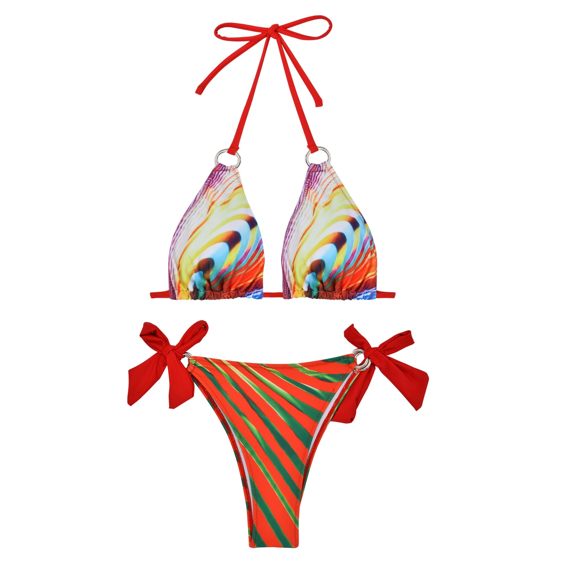 Damen Triangel-Bikini mit stylischen Schleifen und buntem Streifenmuster R&B
