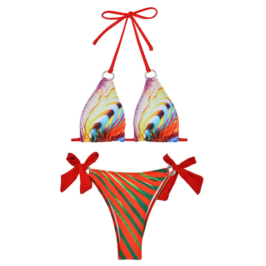 Damen Triangel-Bikini mit stylischen Schleifen und buntem Streifenmuster R&B