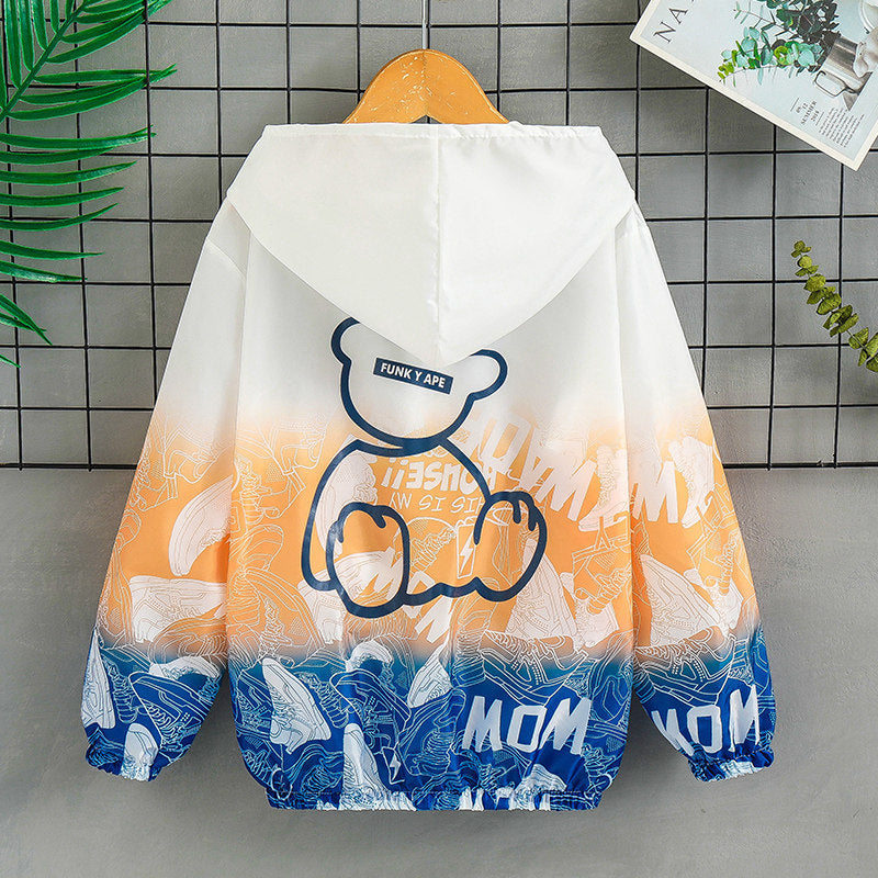 Unisex nan leichte Kapuzenjacke mit Comic-Bären-Print, Windbreaker-Stoff und elastischem Saum  R&B