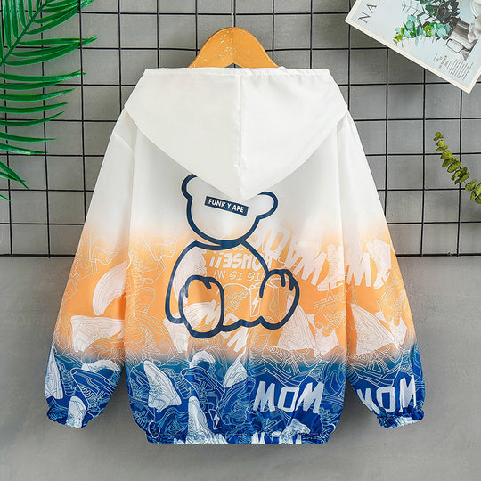 Unisex nan leichte Kapuzenjacke mit Comic-Bären-Print, Windbreaker-Stoff und elastischem Saum  R&B