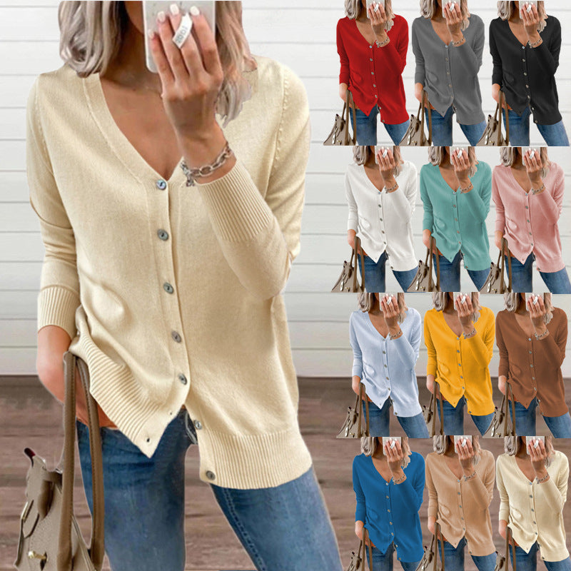 Damen Strickjacke mit Modernen Knopfdetails und Tiefem V-Ausschnitt R&B