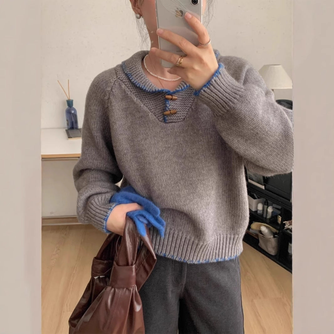 Damen lässiger Strickpullover mit einzigartigem Knopfdesign und Kontrastdetails R&B