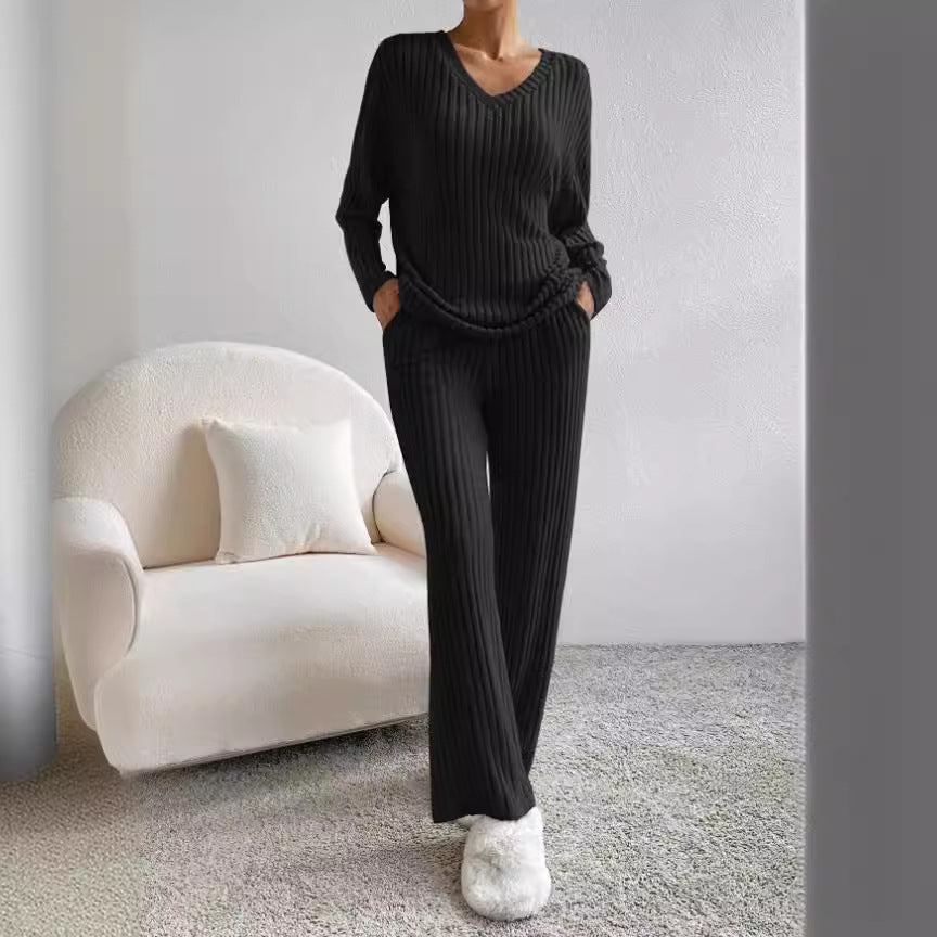 Damen Freizeit-Loungewear-Set aus weichem Rippstoff mit V-Ausschnitt