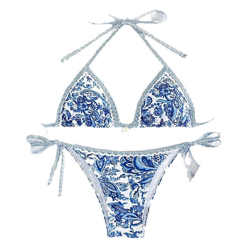 Damen Triangel-Bikini mit floralem Muster und verstellbaren Bändern R&B