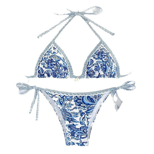Damen Triangel-Bikini mit floralem Muster und verstellbaren Bändern R&B