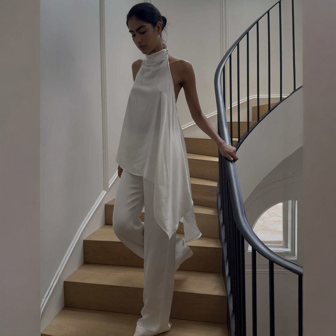 Damen elegantes satinierter Einteiler mit asymmetrischem Schnitt R&B