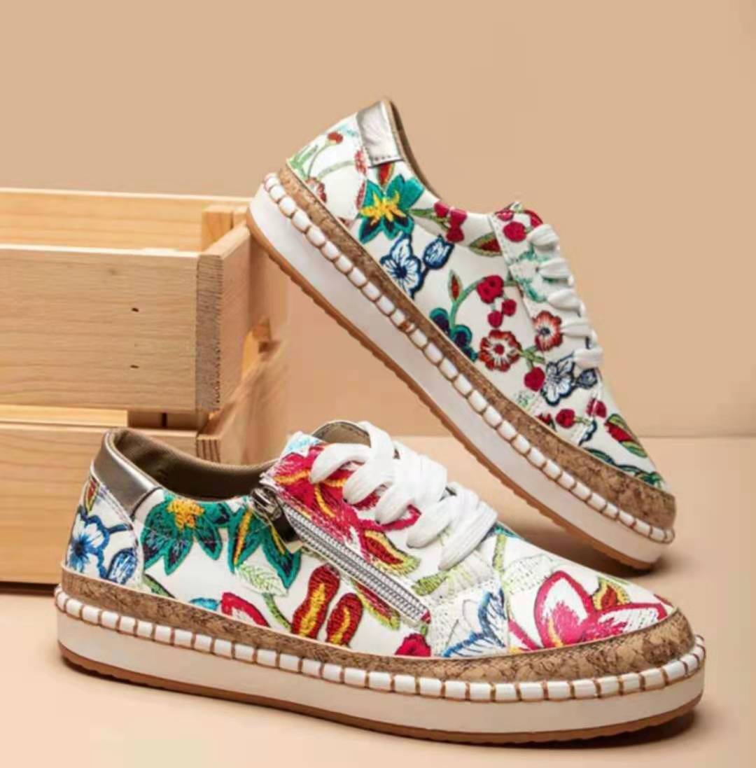 Damen modische Sneaker mit farbenfrohem Blumenmuster und hochwertiger Korksohle R&B