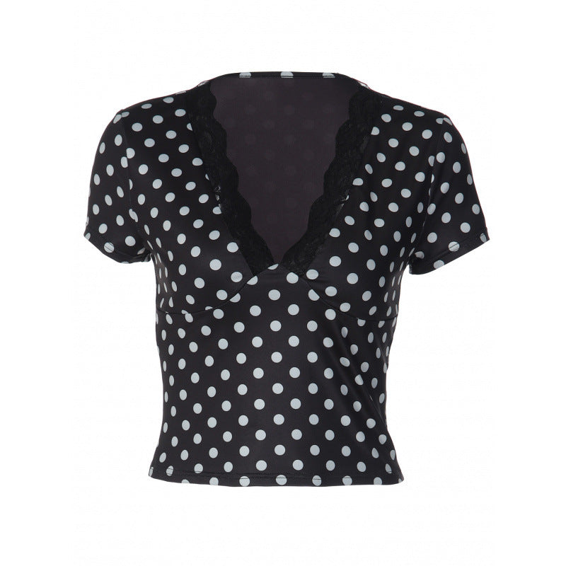 Damen Polka-Dot Top mit Spitzenakzenten und taillierter Passform R&B