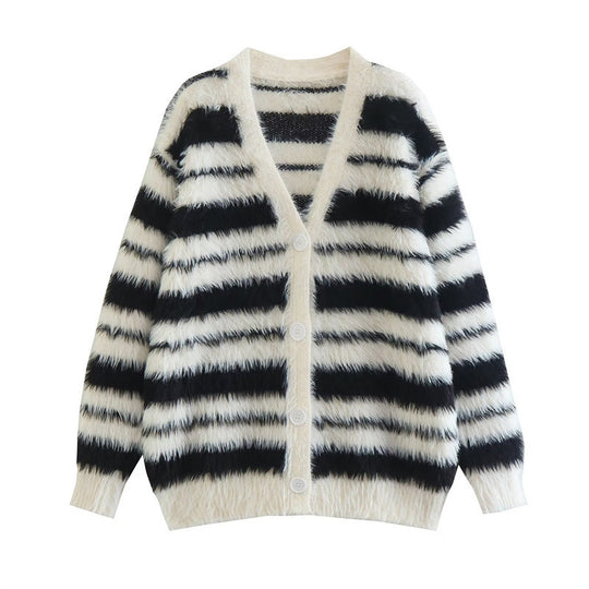 Damen Gemütlicher Strickcardigan mit modernem Streifenmuster und weichem Material R&B