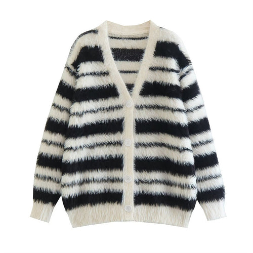 Damen Gemütlicher Strickcardigan mit modernem Streifenmuster und weichem Material R&B