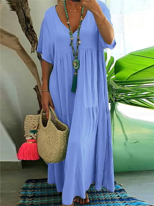 Damen luftiges Boho-Maxikleid mit schwingendem Saum und tiefem V-Ausschnitt R&B