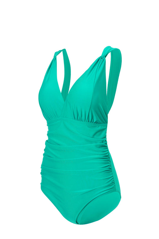 Damen Eleganter Einteiler Badeanzug mit Wickeloptik und Raffung R&B