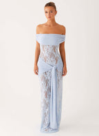 Damen Elegant drapiertes Spitzenkleid mit off-shoulder Design R&B