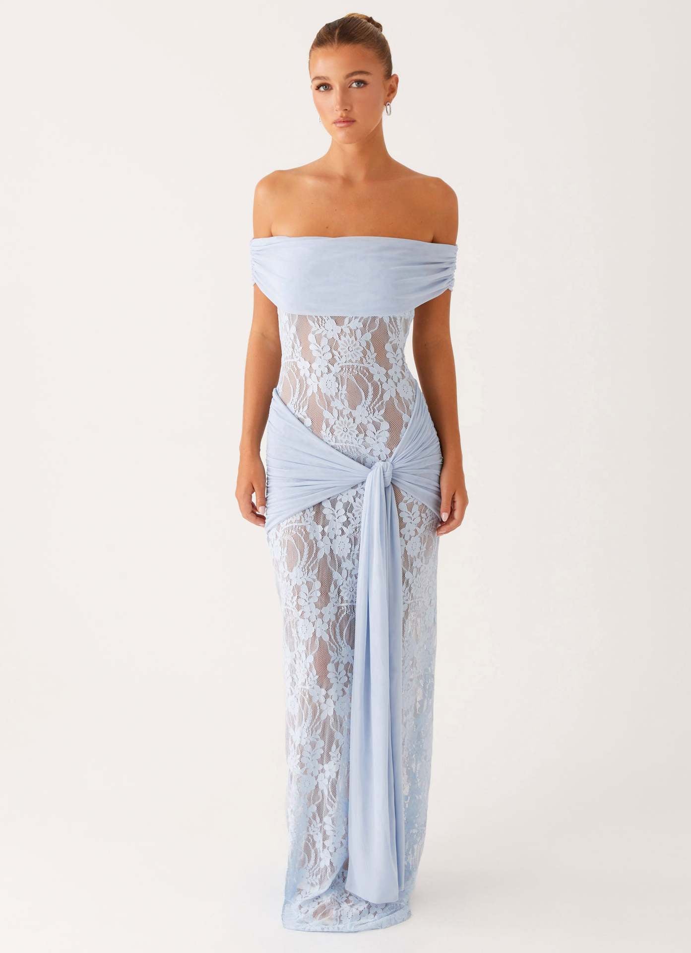 Damen Elegant drapiertes Spitzenkleid mit off-shoulder Design R&B
