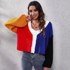 Damen Moderner Strickcardigan mit bunten Blockstreifen und V-Ausschnitt R&B