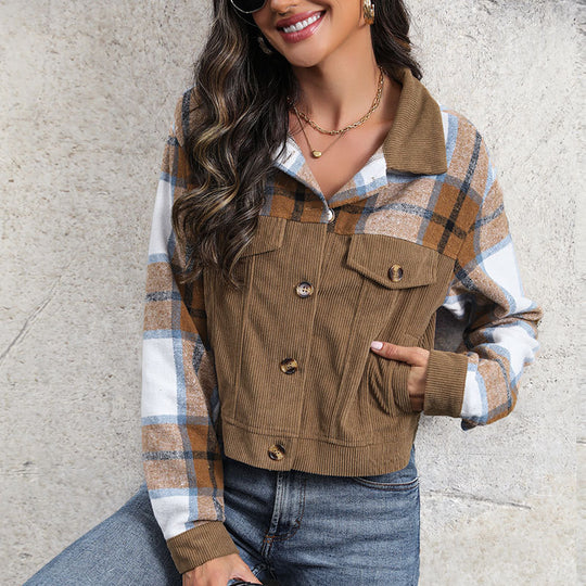 Damen Karo-Cordjacke im lässigen Cropped-Stil mit Brusttaschen R&B