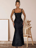 Damen Elegantes Langarm Abendkleid mit floralem Jacquard-Muster und zartem Rückenausschnitt